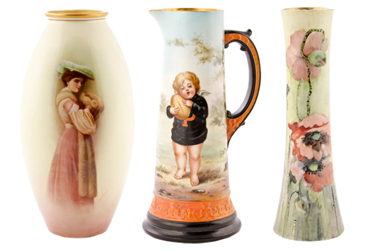 This impressive lineup shows the diversity and exceptional quality of wares produced by Trenton, N.J.,  ceramics and porcelain companies of the late 19th century. All ex collection of The Silver Shop, Princeton, N.J., and to be auctioned by Material Culture of Philadelphia. Material Culture image